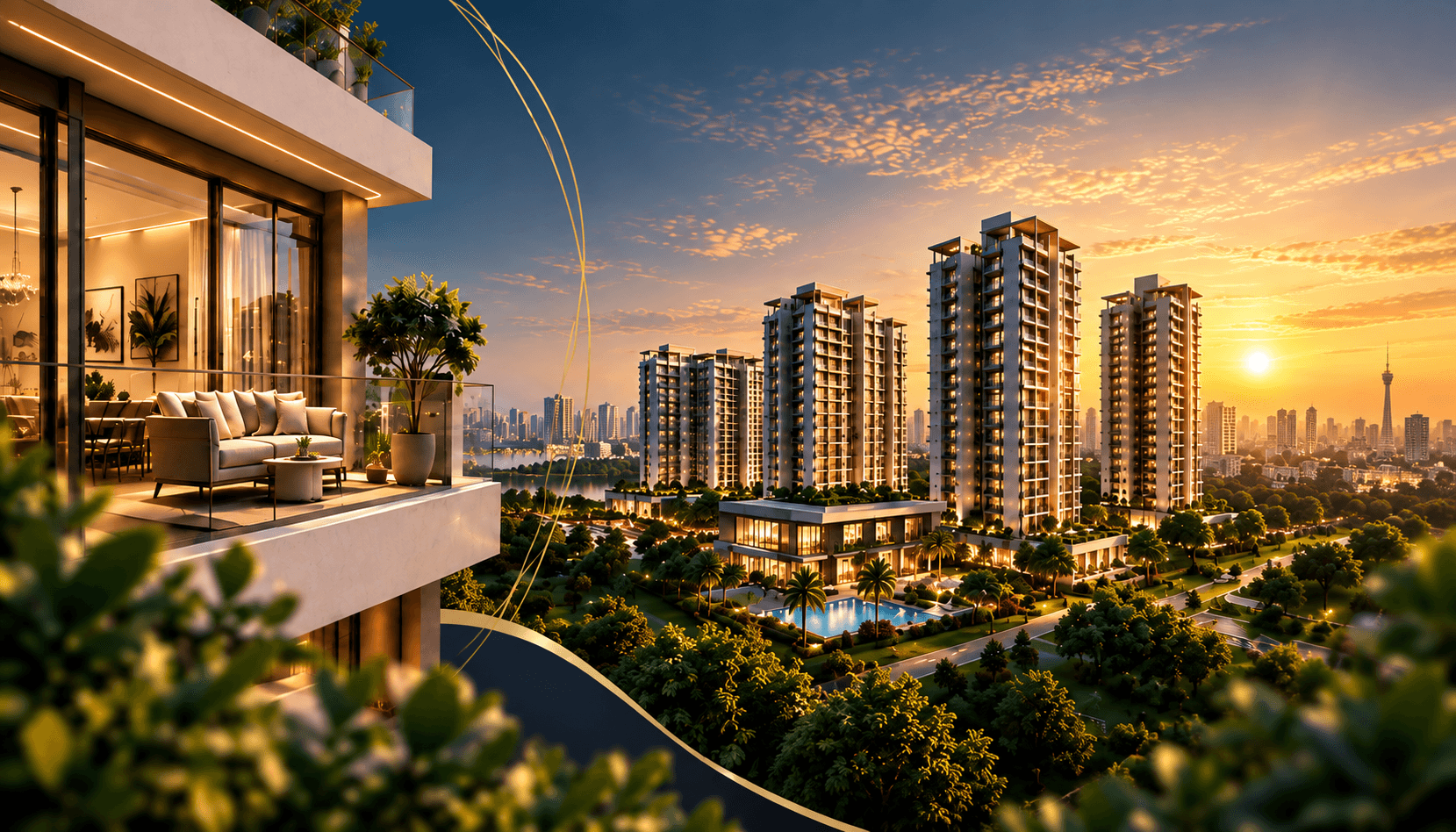 Luxury residential towers at sunset viewed from a balcony